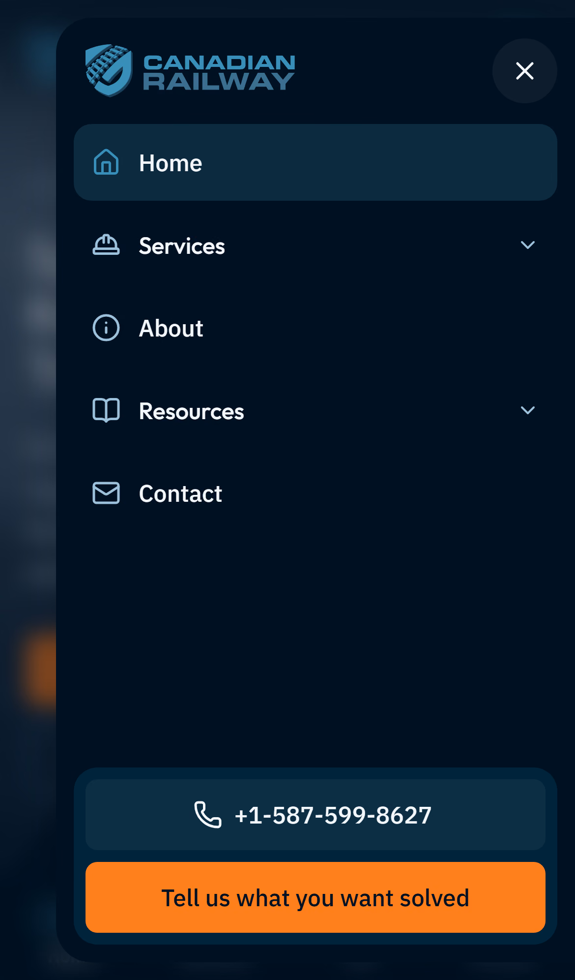 Canadian Railway Solutions app-style menu (mobile)
